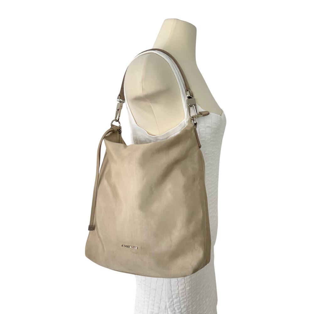 Coccinelle Textured Nylon Leather Trim Hobo Shoulder Bag Neutral Sandshell Beige